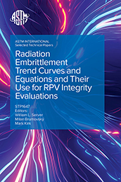 book cover for Radiation Embrittlement Trend Curves and Equations and Their Use for RPV Integrity Evaluations featuring neon, curved lines on a dark blue background