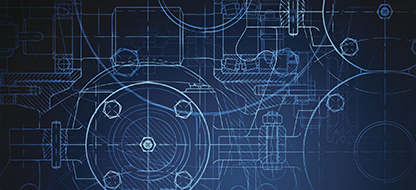 line drawing sketch of mechanical components on a blue and black gradiant background