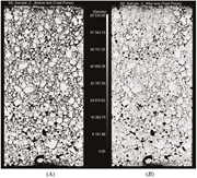 Vertical CT scan sections for the C scenario (A) before and (B) after carbonation and leaching.