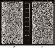 Vertical CT scan sections for the L scenario (A) before and (B) after loading and leaching.