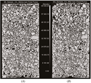 Vertical CT scan sections for the C/L scenario (A) before and (B) after carbonation, loading, and leaching.