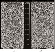 Vertical CT scan sections for the NC/NL scenario (A) before leaching and (B) after leaching.